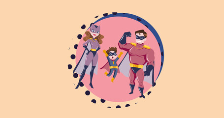 Composition of superhero family on pink background
