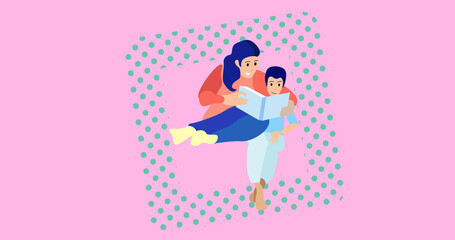 Composition of family embracing on pink background