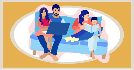 Composition of family embracing on red background