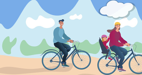 Composition of family cycling over landscape