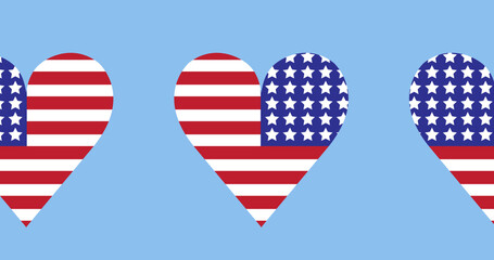 Image of hearts coloured with american flag moving over blue background