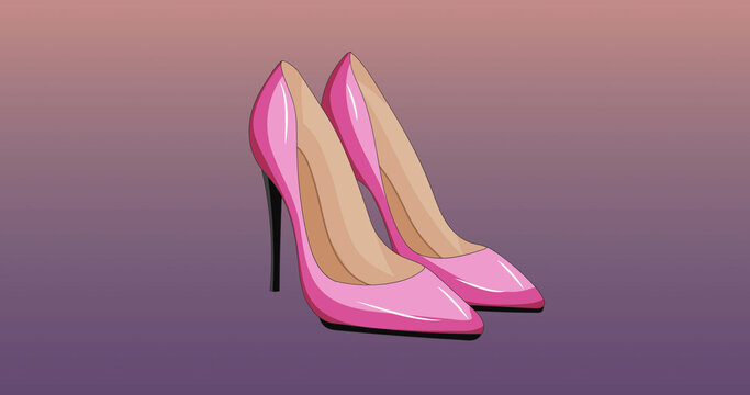 Image of love text and high heels on pink background