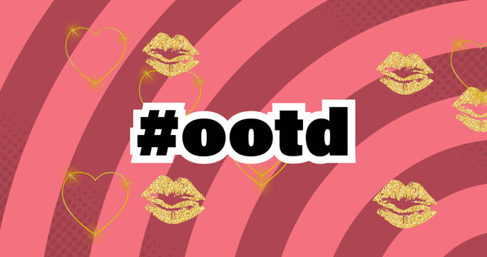 Image of ootd text over lips and heart icons on red background