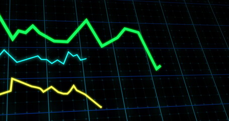 Image of lines tracking and financial data processing on black background
