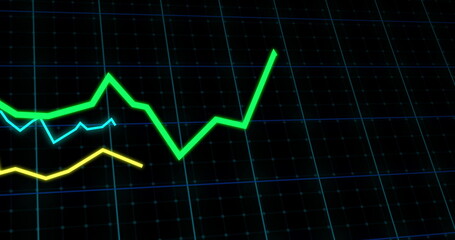 Naklejka premium Image of lines tracking and financial data processing on black background