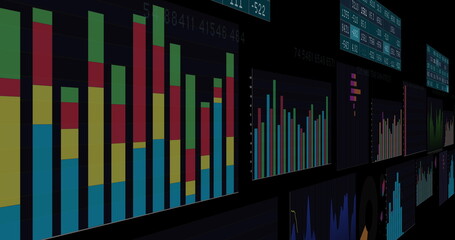 Image of financial data processing on black background