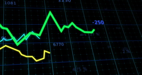 Naklejka premium Image of financial data processing on black background