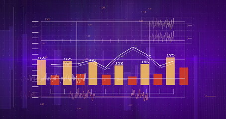 Image of statistics and financial data processing over grid on purple background