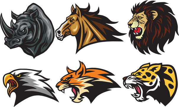 Wild Animals Heads Logo Mascot Set. Rhino, Horse, Lion, Lynx, Eagle, Leopard - Esport Sports Mascot Logo Illustration Design Vector Pack