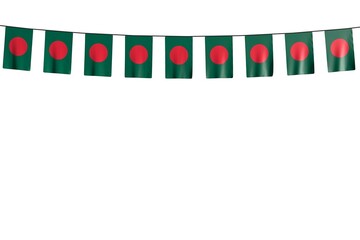 nice many Bangladesh flags or banners hangs on rope isolated on white - any celebration flag 3d illustration..