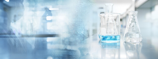 scientist shadow with glass flask and beaker in medical health science of technology banner background.