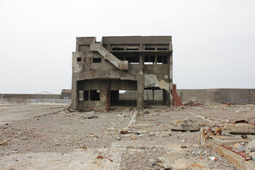 Single building at Hashima Island. Ruins of Battleship Island.