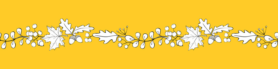 Vector edging, ribbon, border from colorful autumn leaves, berries. Nature, autumn, summer seamless pattern, ornament, decorative element, decoration in doodle flat style