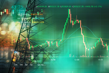 market stock graph and information with city light and electricity and energy facility industry and...