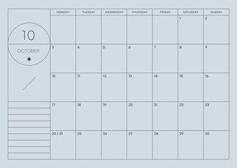 October 2022 simple design digital and printable calendar template illustration. Notes, scheduler, diary, calendar, memo, planner document template background. 