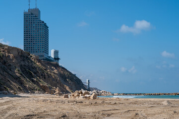 Beach construction in Netanya in Israel. Expansion of the beach area.