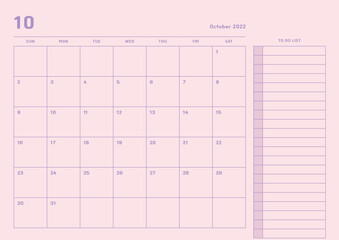 October 2022 simple design digital and printable calendar template illustration. Notes, scheduler, diary, calendar, memo, planner document template background. 