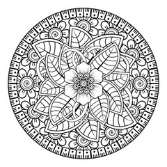 Circular pattern in form of mandala for Henna, Mehndi, tattoo, decoration. Decorative ornament in ethnic oriental style. Coloring book page.