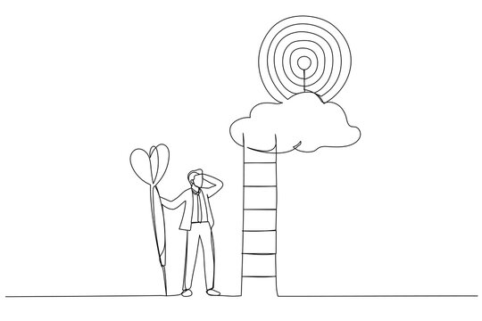 Drawing of ambitious businessman hold dart aim high at target on the cloud. Metaphor for dream big aim high, ambition and challenge. Single continuous line art
