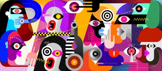 Fotobehang Grote groep ruzie mensen vectorillustratie. Abstracte moderne kunstwerken. Horizontaal ontwerp. Agressieve mensen, menigte psychologie. ©  danjazzia