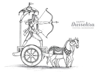 Hand draw sketch lord rama with arrow killing ravana card background - obrazy, fototapety, plakaty