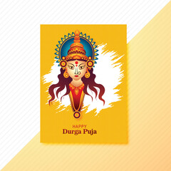 Goddess durga face in happy durga puja subh navratri card brochure template design