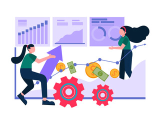 Flat illustration. Team collaboration concept. Reporting, charts, development, analysis, workflow, management, marketing of business people.