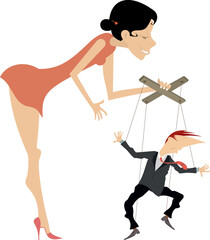 Woman and puppet man concept. 
Young woman master controls man like puppet by cords. Isolated on white illustration
