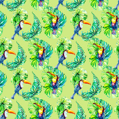 Toucan tropical bird and palm leaves watercolor seamless pattern isolated. © Ekaterina Lanbina