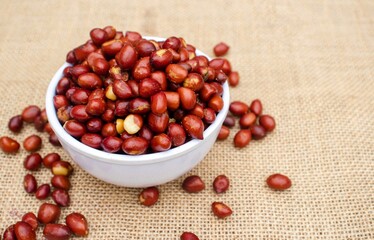 Closeup of Oil Fried Peanut in a White Bowl Isolated on Burlap Fabric in Horizontal Orientation