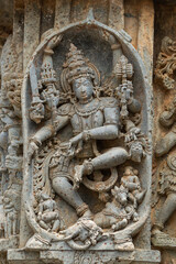 The Dancing Sculpture of Lord Shiva on the Hoysaleshwara Temple, Halebeedu, Hassan, Karnataka, India.