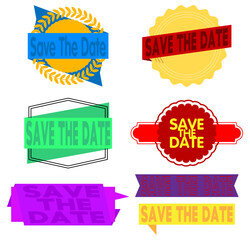 Set of ribbon with Save The Date text. Banner template. Label sticker. Sign.