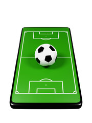 Football online application on smartphone. Soccer fields screen mobile phone. football news concept. sport channel. 3d rendering.