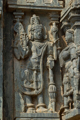 Carving Sculpture of Lord Shiva on the Hoysaleshwara Temple, Halebeedu, Hassan, Karnataka, India.