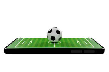 Football online application on smartphone. Soccer fields screen mobile phone. football news concept. sport channel. 3d rendering. - 529953757