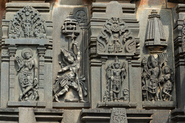 Sculptures of Hindu God and Goddess on the Halebeedu Temple Complex, Hassan, Karnataka, India.
