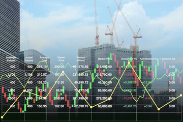 Stock financial index show successful investment on property business and construction industry urban buildings  image with graph and chart for presentation and report background.