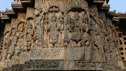 The Sculptures of Hindu God Goddess on the Temple Hoysaleshwara, Halebeedu, Hassan, Karnataka, India. 