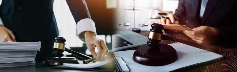 Consultation and conference of professional businesswoman and Male lawyers working and discussion having at law firm in office. Concepts of law, Judge gavel with scales of justice