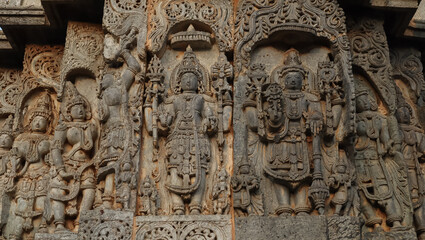 The Sculptures of Hindu God Goddess on the Temple Hoysaleshwara, Halebeedu, Hassan, Karnataka, India. 