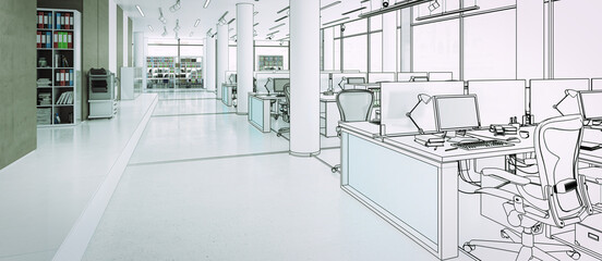 Projektzeichnung eines modernen Großraumbüro mit Computerarbeitspätzen - 3D-Visualisierung