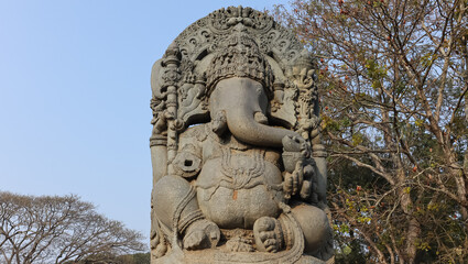 Fototapeta premium The Big Sculpture of Lord Ganesha In the Backyard of Hoysaleshwara Temple Complex, Halebeedu, Karnataka, India.
