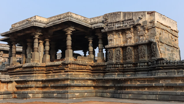 View of Nandi Temple Complex of Hoysaleshwara Temple, Halebeedu, Hassan, Karnataka, India.