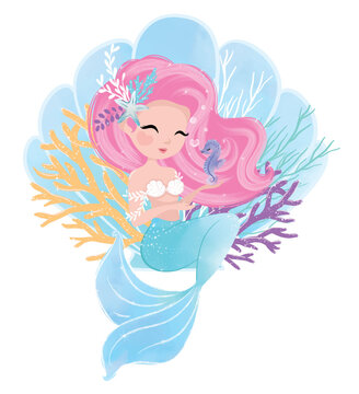 Little cute mermaid with seahorse and corals. Book illustration, fashion artworks, t shirt graphics, wallpapers.
