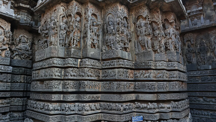 The Sculptures of Hindu God Goddess on the Temple Hoysaleshwara, Halebeedu, Hassan, Karnataka, India. 