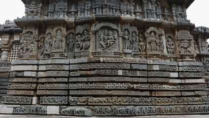 The Sculptures of Hindu God Goddess on the Temple Hoysaleshwara, Halebeedu, Hassan, Karnataka, India. 