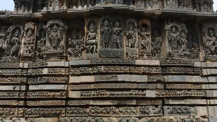 The Sculptures of Hindu God Goddess on the Temple Hoysaleshwara, Halebeedu, Hassan, Karnataka, India. 