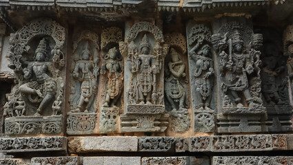 The Sculptures of Hindu God Goddess on the Temple Hoysaleshwara, Halebeedu, Hassan, Karnataka, India. 