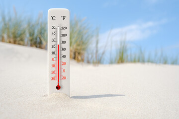 Hot summer day. Celsius and fahrenheit scale thermometer in the sand. Ambient temperature plus 25 degrees