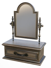Wooden jewelry box with a mirrored stand and a drawer.